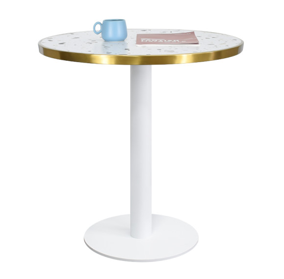 Round Terrazzo Dining Table with Gold Stainless Steel Rim & White Metal Base for Cafe & Restaurant