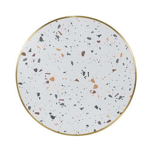 Round Terrazzo Dining Table with Gold Stainless Steel Rim & White Metal Base for Cafe & Restaurant