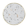 Round Terrazzo Dining Table with Gold Stainless Steel Rim & White Metal Base for Cafe & Restaurant