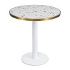 Round Terrazzo Dining Table with Gold Stainless Steel Rim & White Metal Base for Cafe & Restaurant