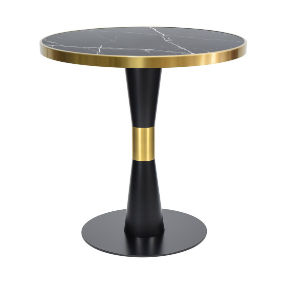 Round Black Sintered Stone Dining Table with Gold Stainless Steel Rim & Black Metal Base