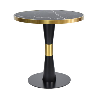 Round Black Sintered Stone Dining Table with Gold Stainless Steel Rim & Black Metal Base