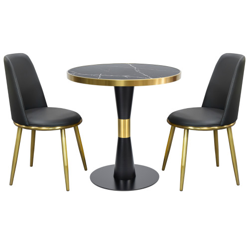 Round Black Sintered Stone Dining Table with Gold Stainless Steel Rim & Black Metal Base
