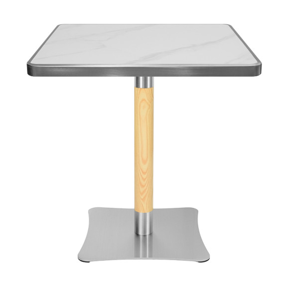 Square Sintered Stone Dining Table with Stainless Steel Rim & Wood-Accented Base for Commercial Use