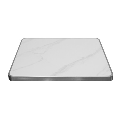Square Sintered Stone Dining Table with Stainless Steel Rim & Wood-Accented Base for Commercial Use