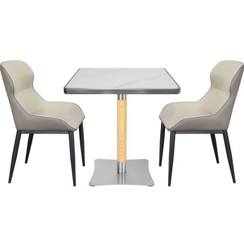 Square Sintered Stone Dining Table with Stainless Steel Rim & Wood-Accented Base for Commercial Use