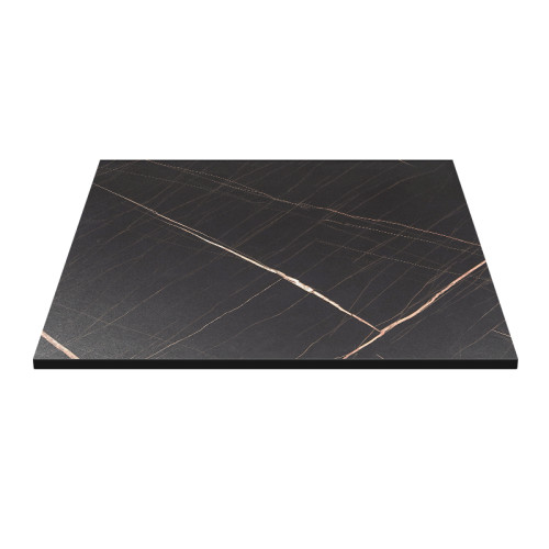 Square Black Stone-Effect Melamine Dining Table with Black Metal Base for Commercial Use