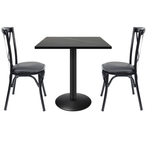 Square Melamine Dining Table with Black Powder-Coated Metal Base for Commercial Cafe & Restaurant