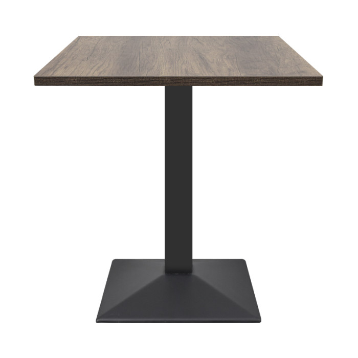 Square Wood-Grain Melamine Dining Table with Black Powder-Coated Metal Base for Commercial Use