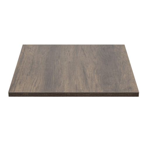 Square Wood-Grain Melamine Dining Table with Black Powder-Coated Metal Base for Commercial Use