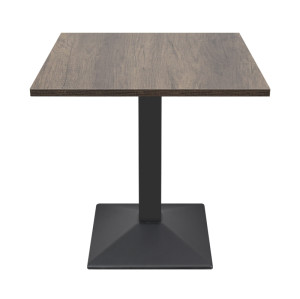 Square Wood-Grain Melamine Dining Table with Black Powder-Coated Metal Base for Commercial Use