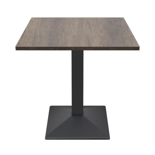 Square Wood-Grain Melamine Dining Table with Black Powder-Coated Metal Base for Commercial Use