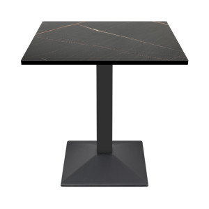 Square Black Stone-Effect Melamine Dining Table with Black Metal Base for Commercial Use