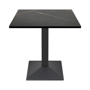 Square Black Stone-Effect Melamine Dining Table with Black Metal Base for Commercial Use