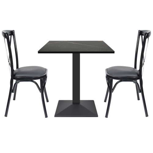 Square Black Stone-Effect Melamine Dining Table with Black Metal Base for Commercial Use