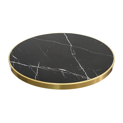 Round Black Marble-Effect Porcelain Table Top | Gold Metal Rim for Commercial Restaurant & Cafe