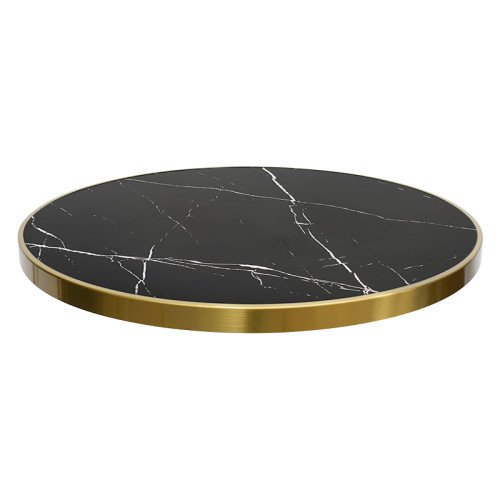 Round Black Marble-Effect Porcelain Table Top | Gold Metal Rim for Commercial Restaurant & Cafe