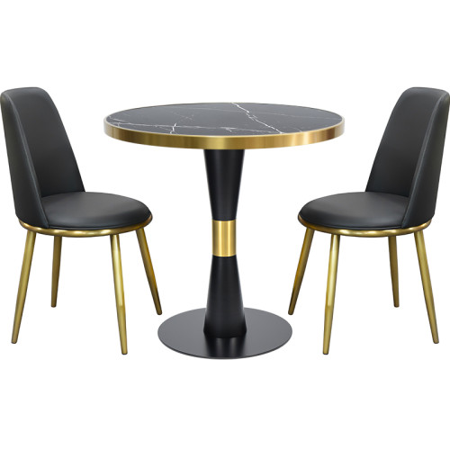 Round Black Marble-Effect Porcelain Table Top | Gold Metal Rim for Commercial Restaurant & Cafe