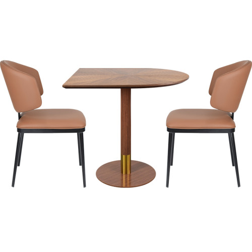 Semicircular Wood Veneer Dining Table | Walnut Finish with Gold Accent Base for Commercial Hospitality