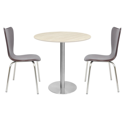 Round Light Wood-Grain Dining Table | Stainless Steel Base for Commercial Cafe & Restaurant
