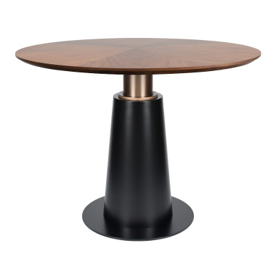 Round Walnut Veneer Dining Table | Black Tapered Metal Base with Gold Accent for Hospitality