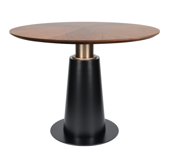 Round Walnut Veneer Dining Table | Black Tapered Metal Base with Gold Accent for Hospitality