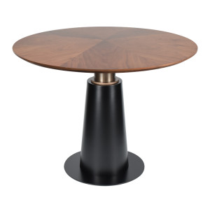 Round Walnut Veneer Dining Table | Black Tapered Metal Base with Gold Accent for Hospitality