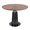 Round Walnut Veneer Dining Table | Black Tapered Metal Base with Gold Accent for Hospitality