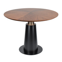 Round Walnut Veneer Dining Table | Black Tapered Metal Base with Gold Accent for Hospitality