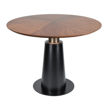 Round Walnut Veneer Dining Table | Black Tapered Metal Base with Gold Accent for Hospitality