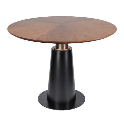 Round Walnut Veneer Dining Table | Black Tapered Metal Base with Gold Accent for Hospitality