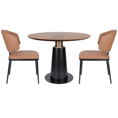 Round Walnut Veneer Dining Table | Black Tapered Metal Base with Gold Accent for Hospitality