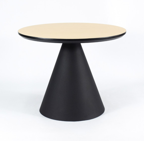 Round Light Wood MDF Dining Table | Matte Black Conical Metal Base for Modern Commercial Cafe