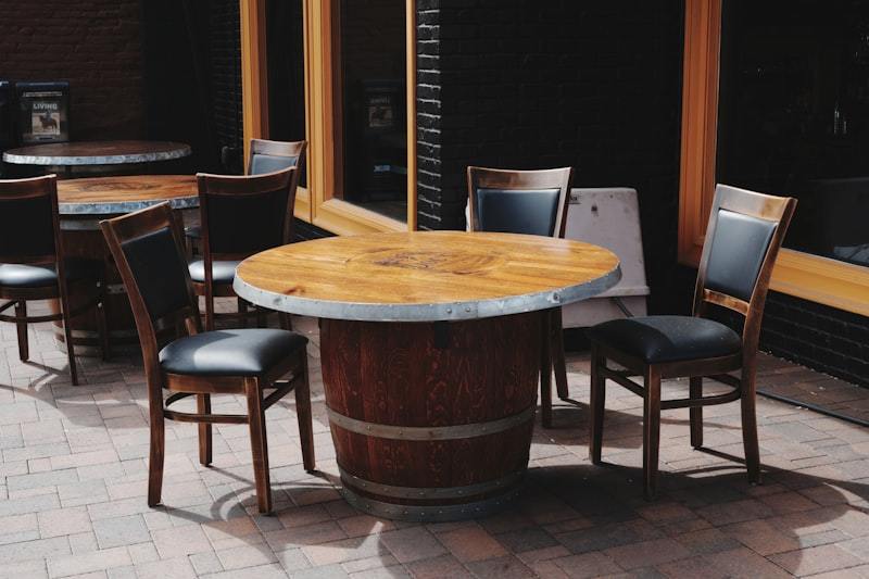 Outdoor dining tables and chairs on brick patio in restaurant setting