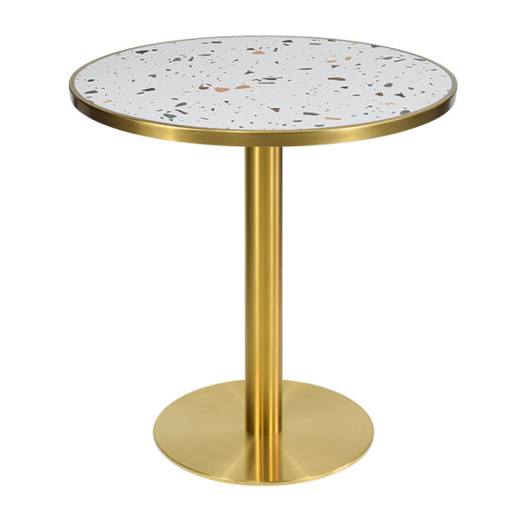 Luxury round white terrazzo dining table | stainless steel gold round base | AEONTI