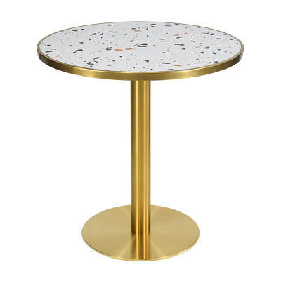 Luxury round white terrazzo dining table | stainless steel gold round base | AEONTI