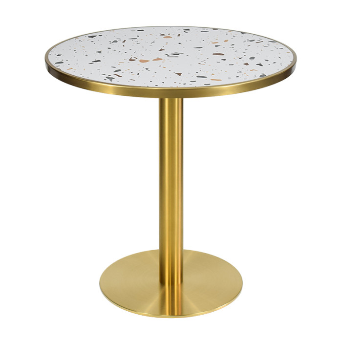 Luxury round white terrazzo dining table | stainless steel gold round base | AEONTI
