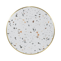 Luxury round white terrazzo dining table | stainless steel gold round base | AEONTI