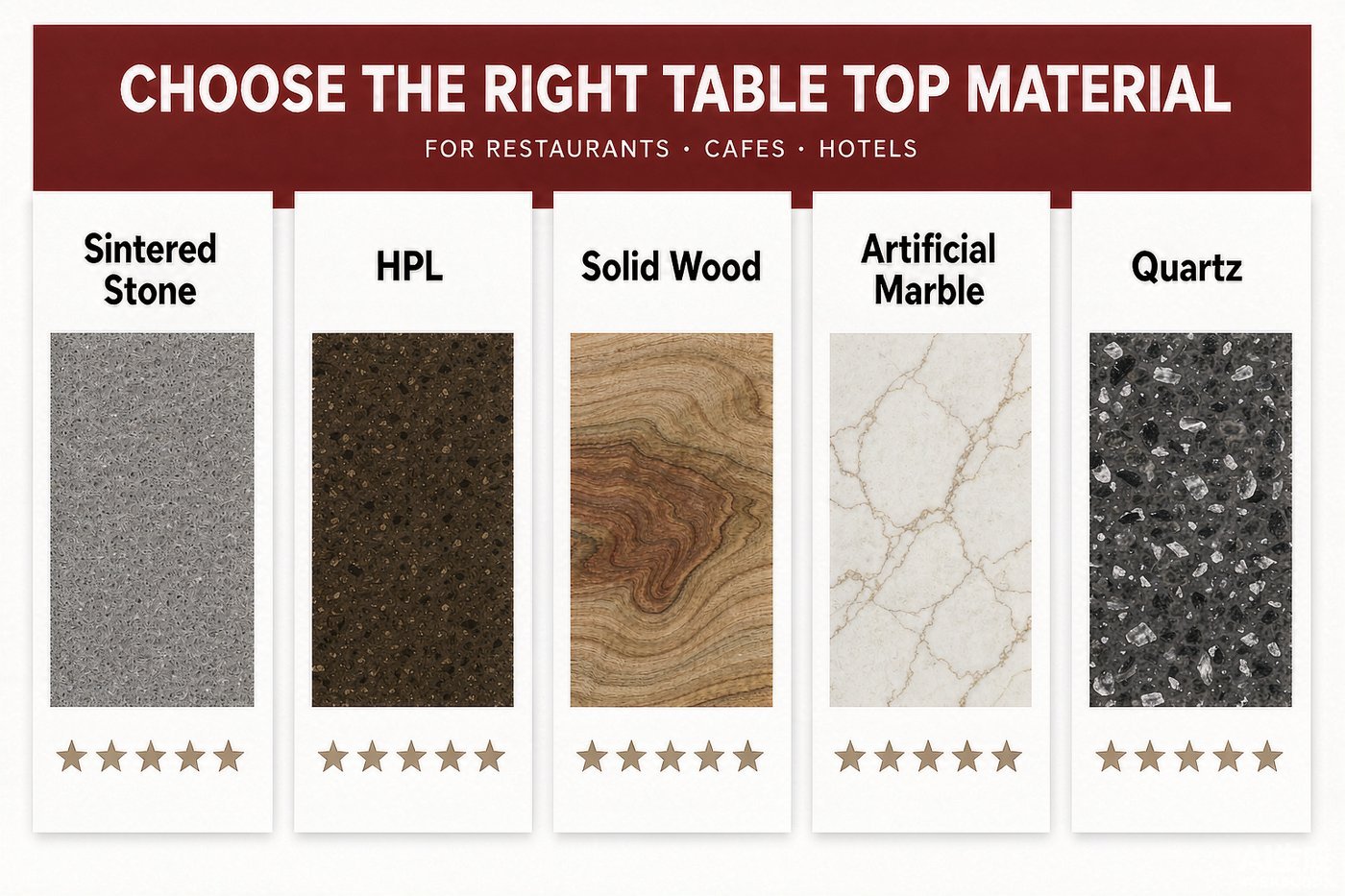 Comparison of sintered stone, HPL, solid wood, artificial marble and quartz table top materials for restaurants, cafes and hotels - AEONTI table top manufacturer