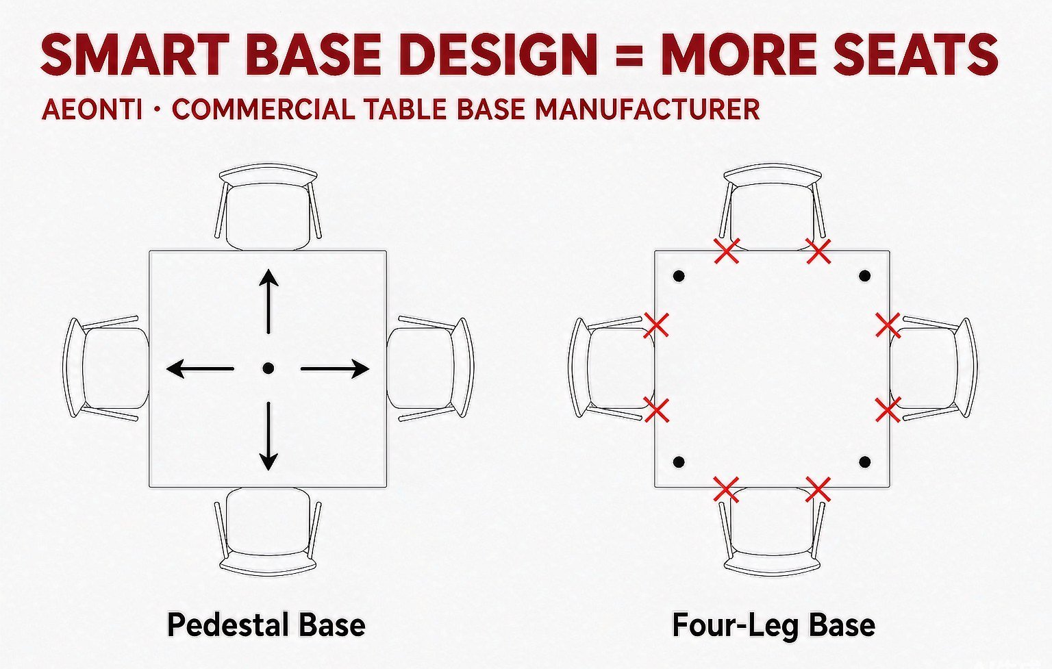 Top view comparison of pedestal table base and four-leg table base showing how base design affects seating capacity - AEONTI commercial table base manufacturer