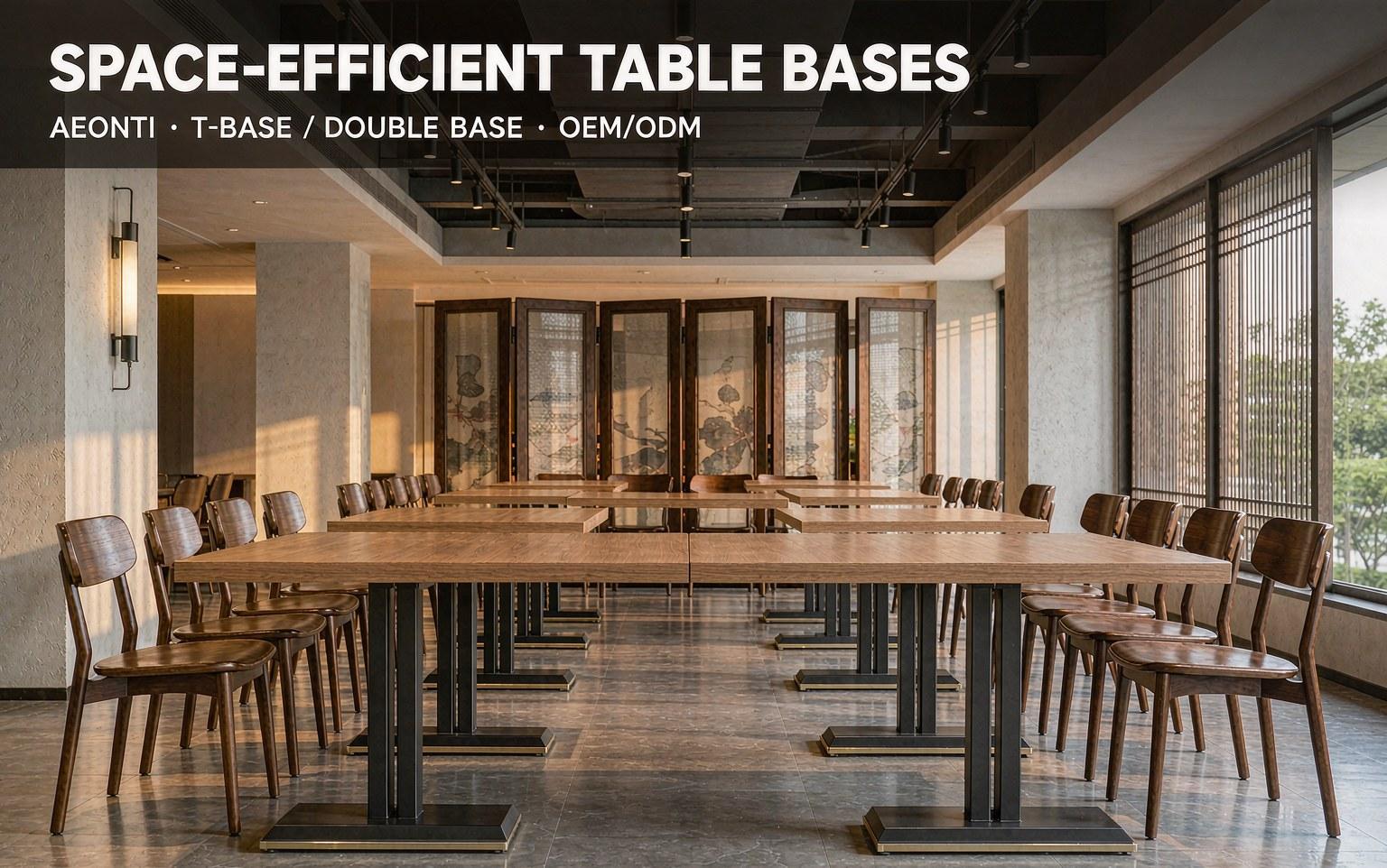 Long rectangular restaurant tables with black T-base and double table bases providing stable support and clear legroom - AEONTI table base manufacturer OEM/ODM