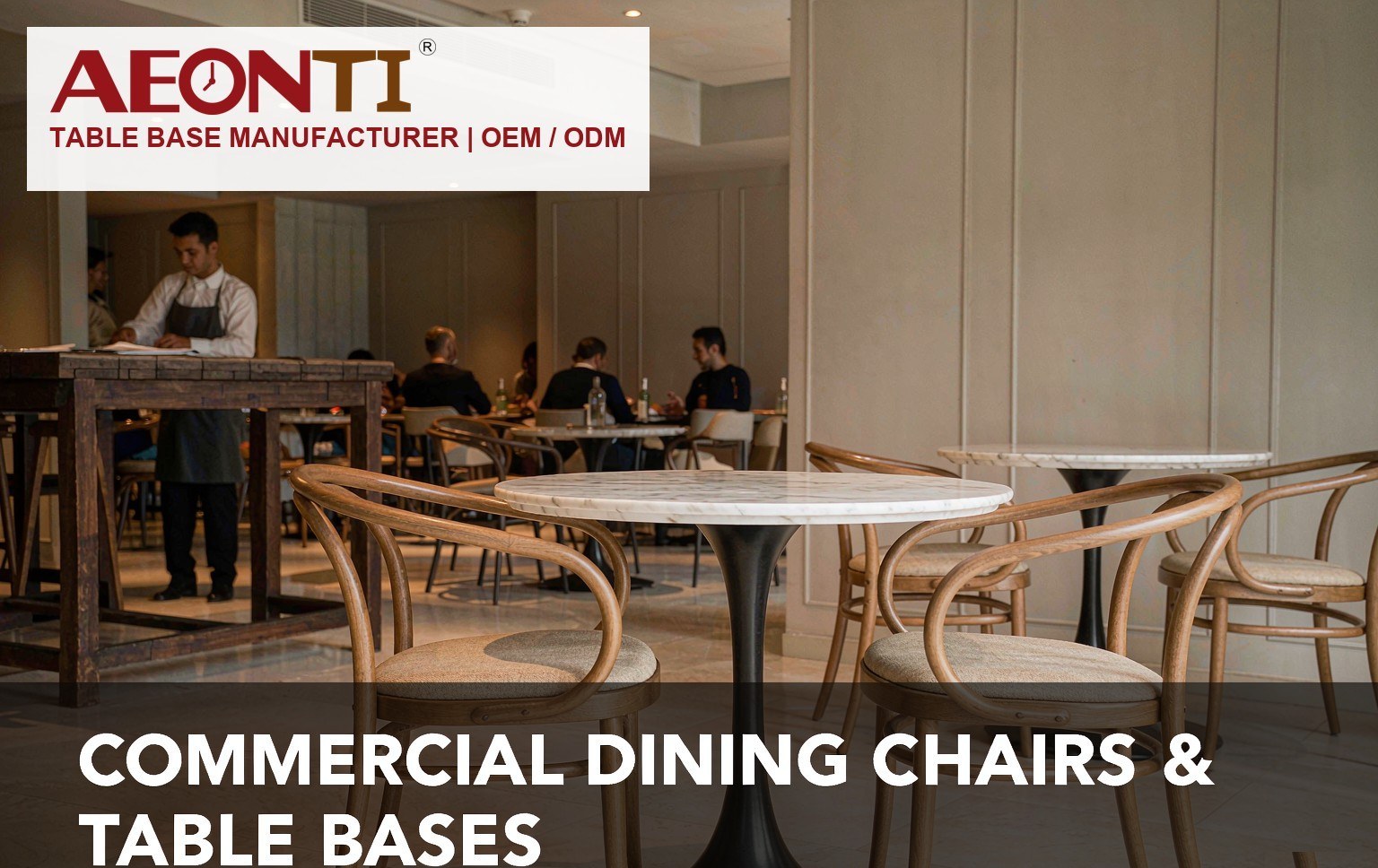 Commercial dining chairs with round marble table tops on pedestal table bases in a modern restaurant - AEONTI table base manufacturer OEM/ODM