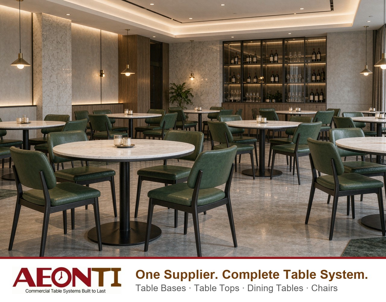 AEONTI one-stop commercial table system with table bases, sintered stone table tops and dining chairs for restaurant projects