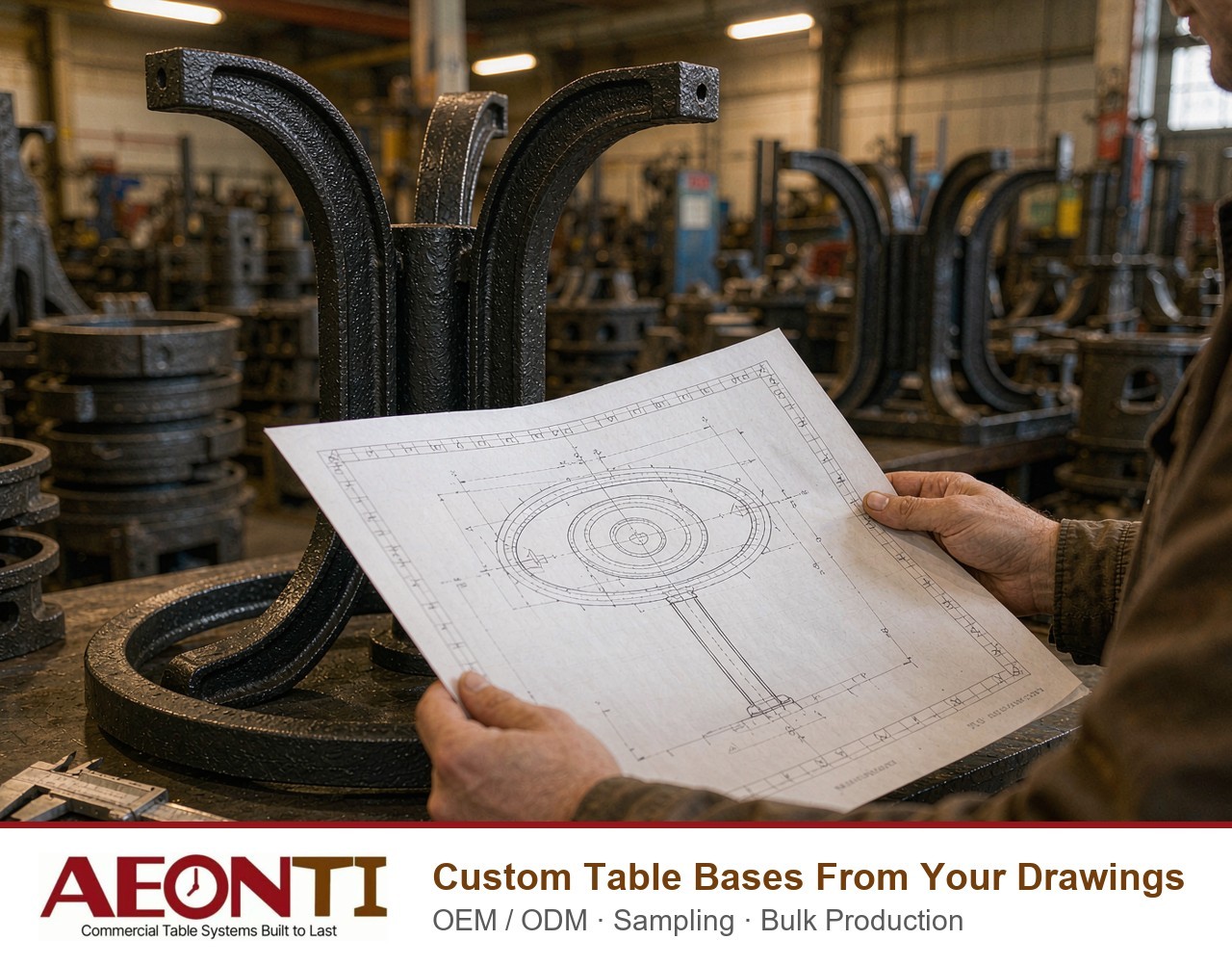 OEM custom table base development at AEONTI, turning drawings into samples and bulk production