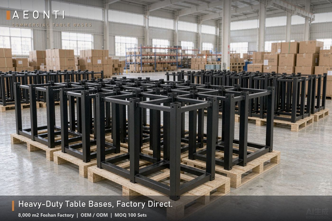 AEONTI Foshan factory — rows of heavy-duty metal table bases on export pallets ready for wholesale shipment