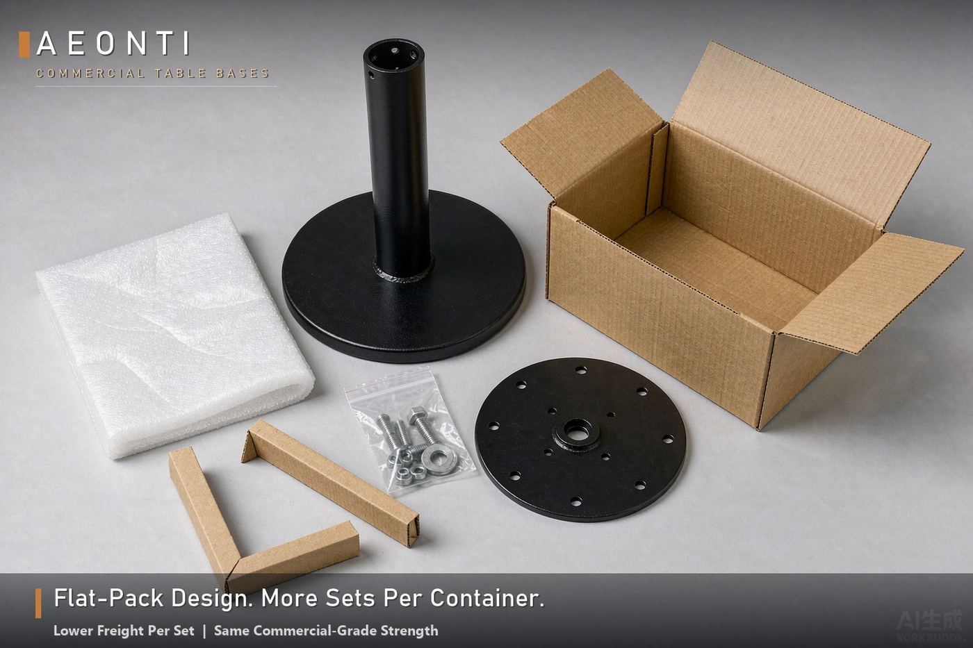 Flat-pack commercial table base kit with export carton, EPE foam and corner protectors — wholesale packaging from AEONTI