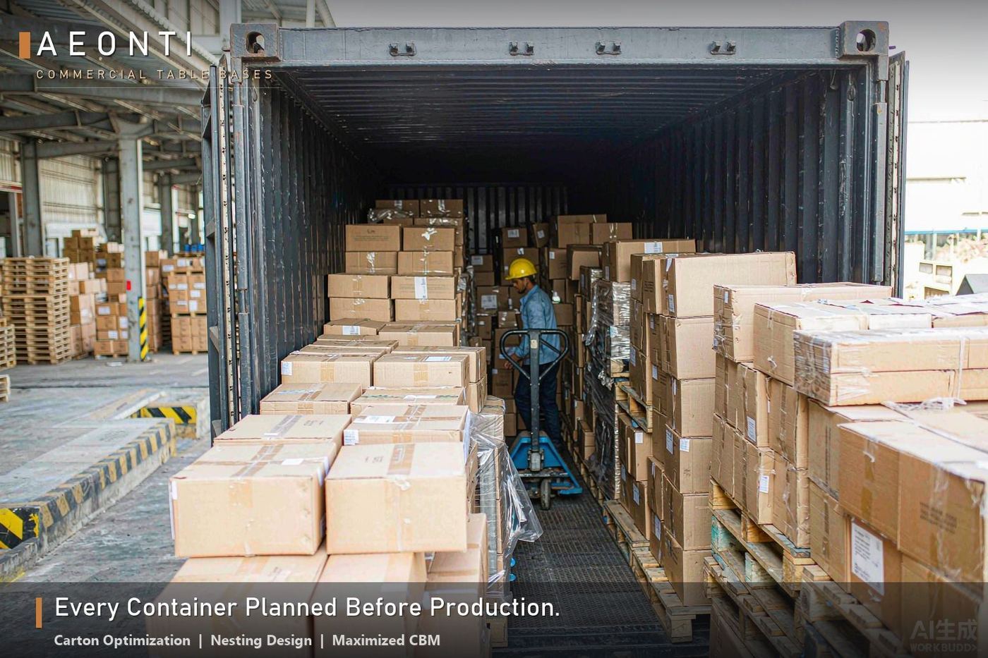 40ft container loading with cartons of commercial table bases — AEONTI container utilization planning