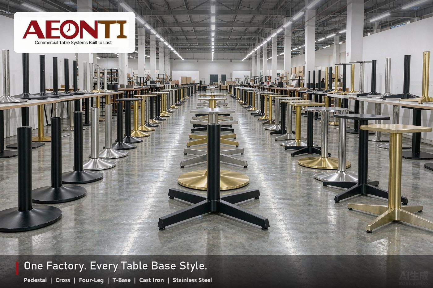 AEONTI Foshan showroom — display rows of commercial table base styles: pedestal, cross, four-leg, T-base and cast iron
