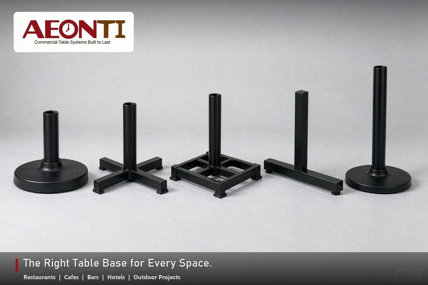 Lineup of commercial table base types: cast iron pedestal base, cross base, four-leg base, T-base and bar-height base from AEONTI