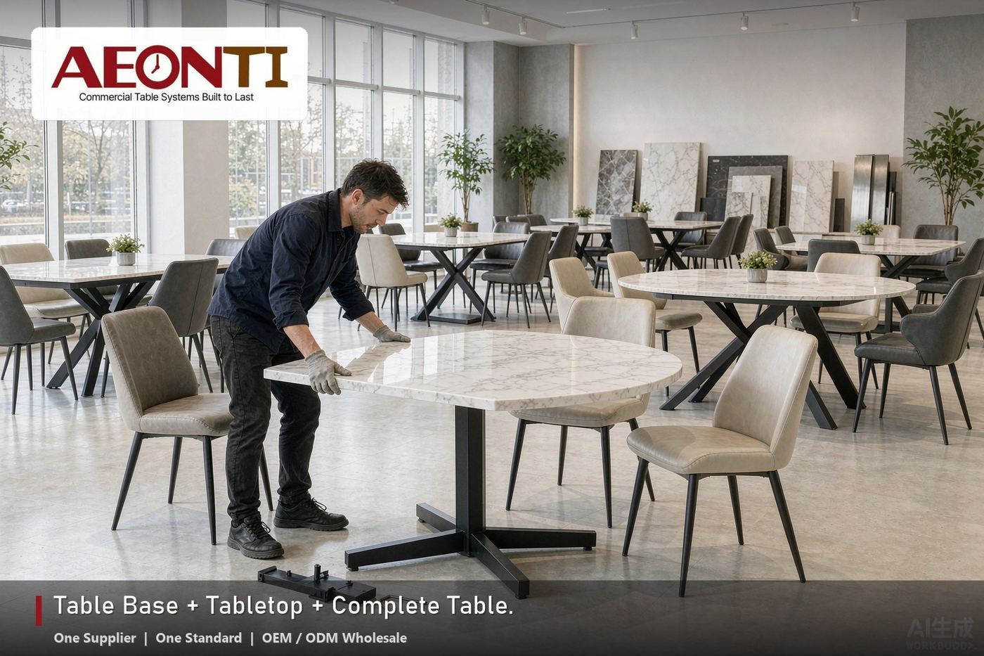 Complete commercial dining sets — table bases with sintered stone tabletops and dining chairs, one-stop supply from AEONTI